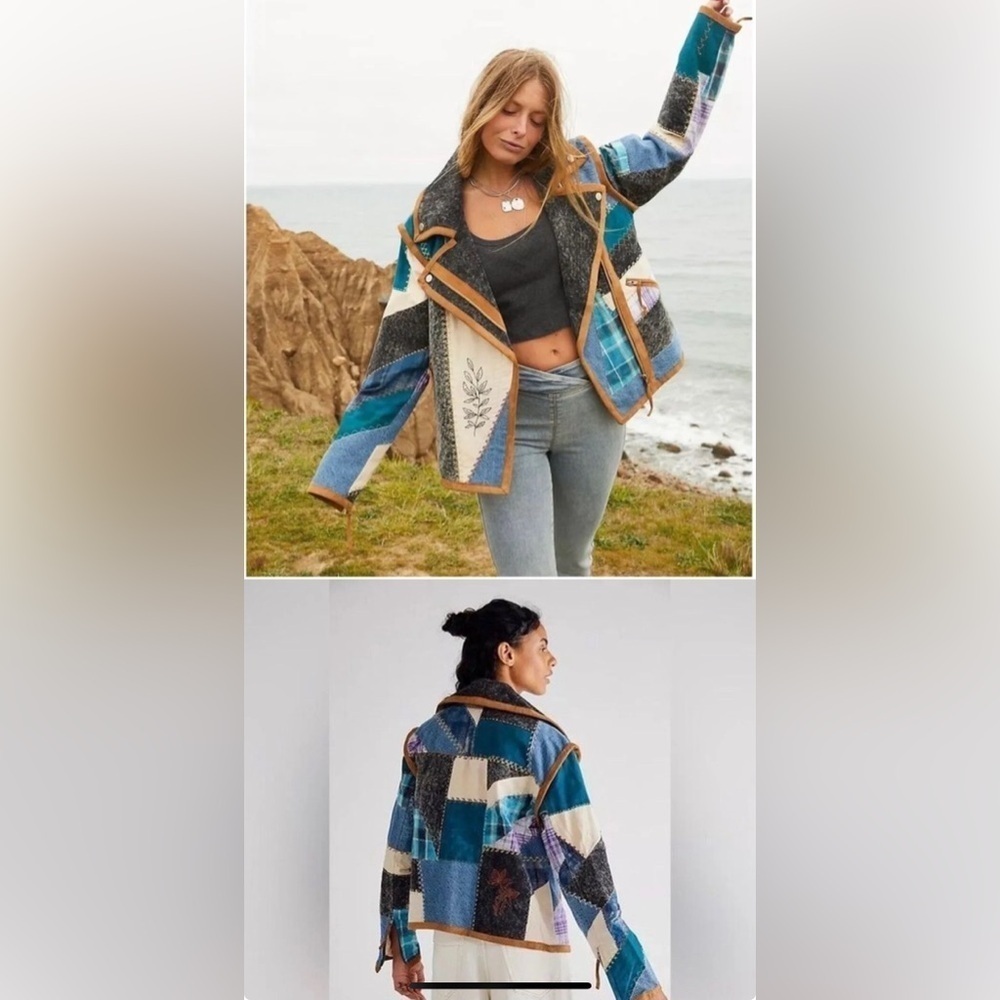 Leia Denim Patched Moto Jacket Free People